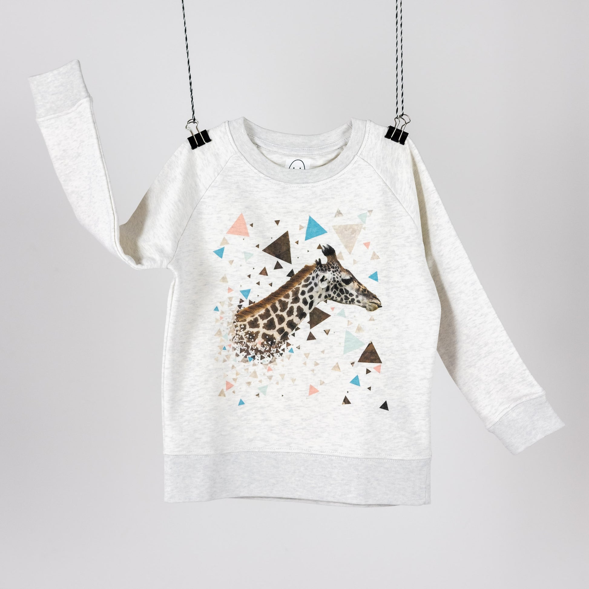 Grey Terry children's sweatshirt featuring a digital print with a giraffe baby and colourful triangles. Screen printed logo in the neck. Front view